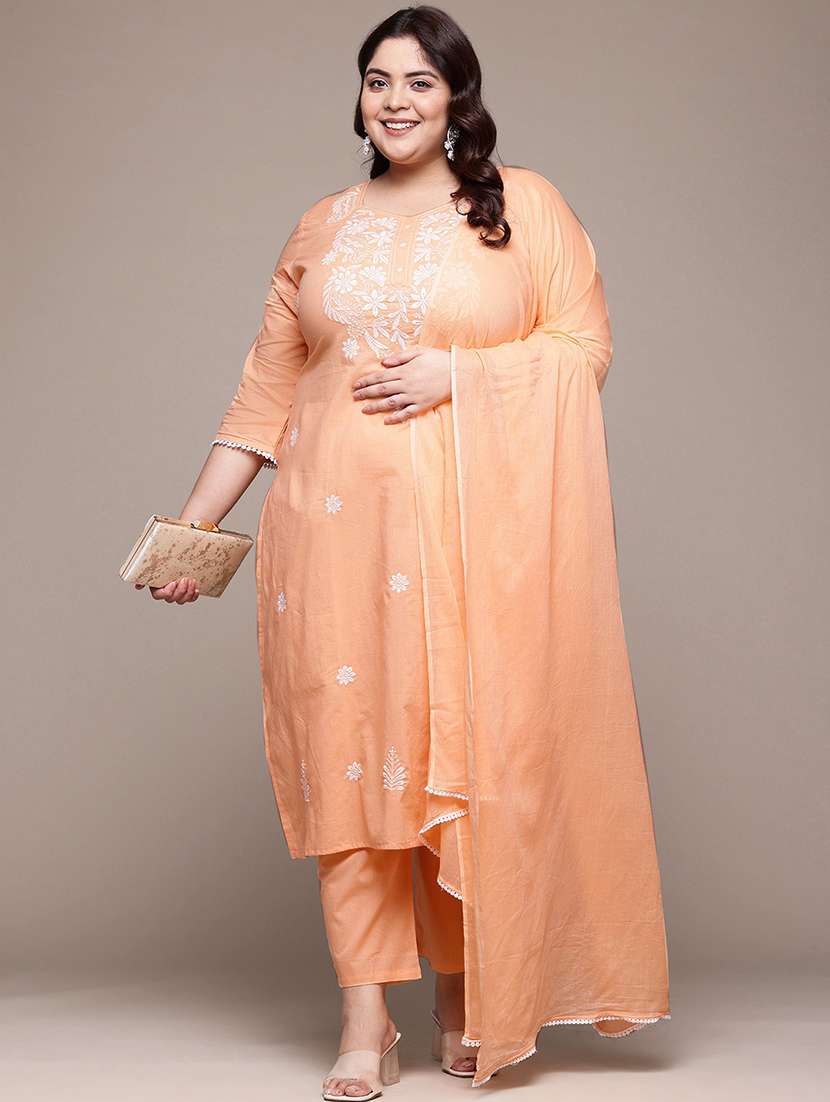 women plus size three quarter sleeve kurta pant with dupatta set