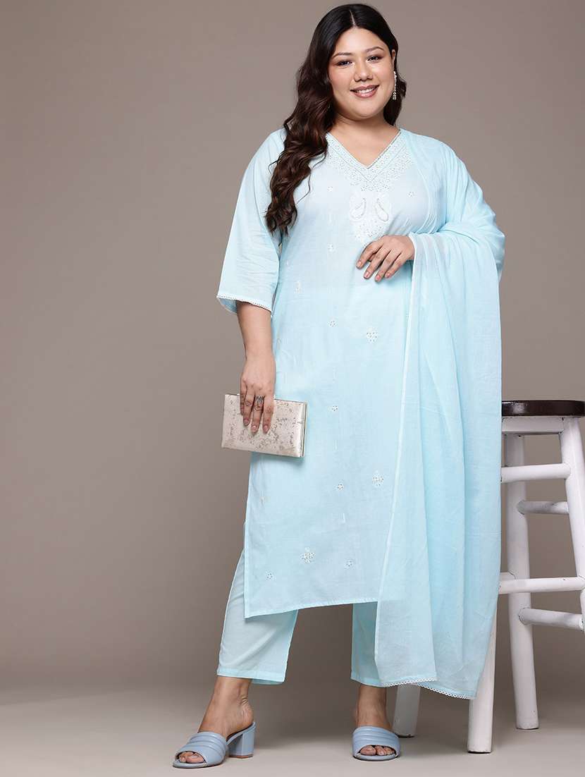 women plus size three quarter sleeve kurta pant with dupatta set
