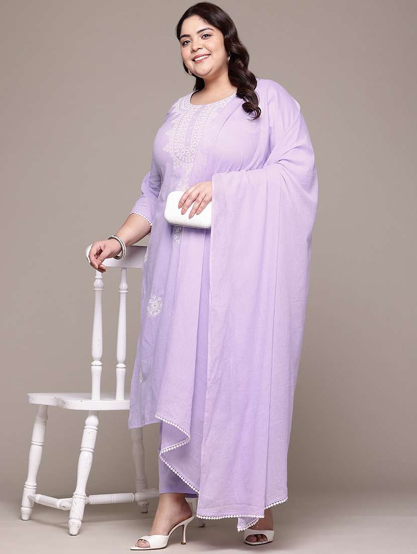 women plus size three quarter sleeve kurta pant with dupatta set