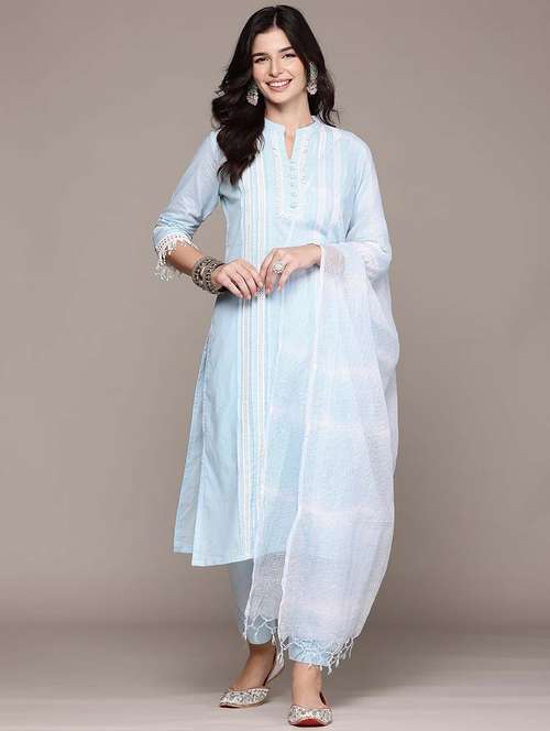 women solid mandarin neck kurta pant set with dupatta - 21675383 -  Standard Image - 0