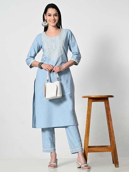 women light blue embroidered kurta pant set - 21675424 -  Standard Image - 0