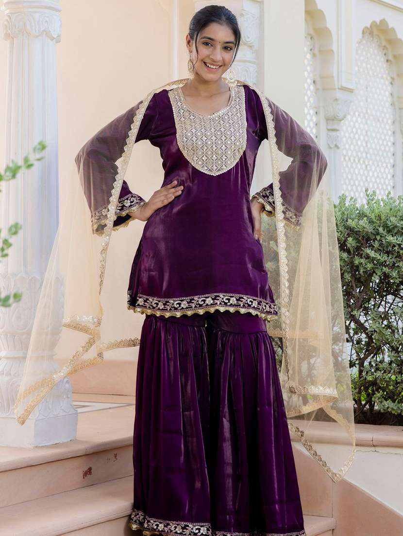 Women Purple Embroidered Kurta Sharara Set