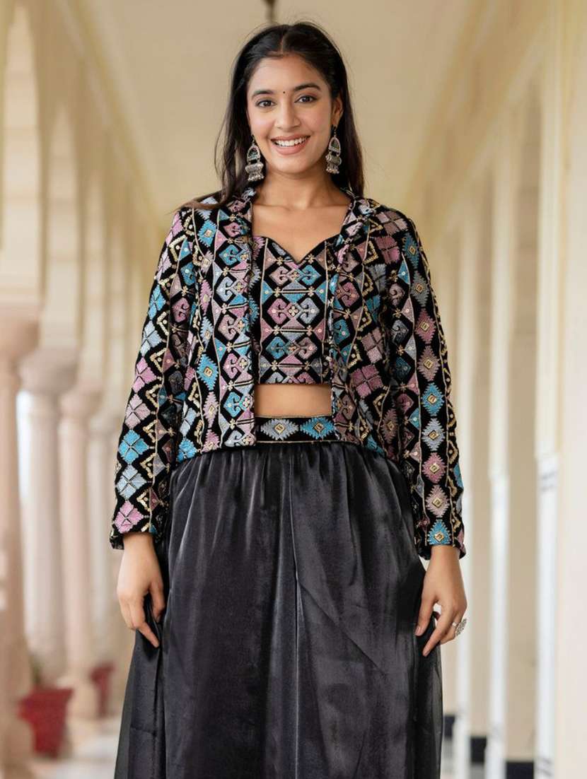 women black embroidered skirt top set with jacket