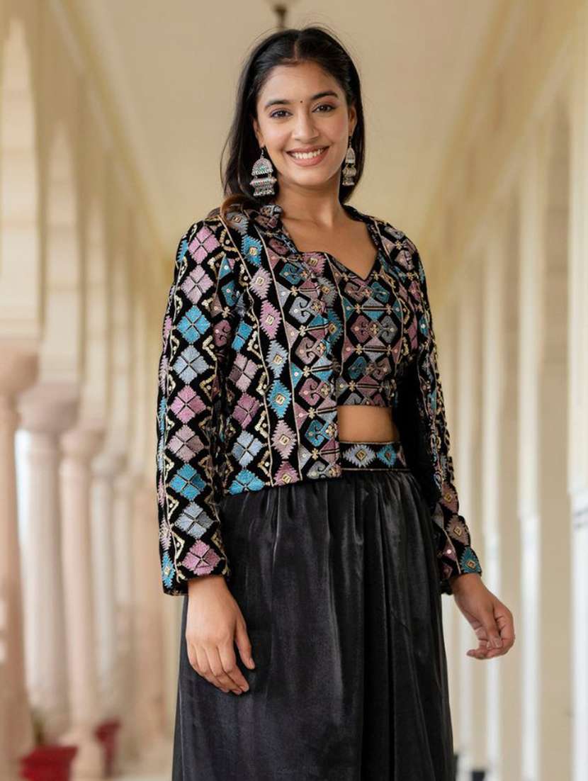 women black embroidered skirt top set with jacket - 21675518 -  Standard Image - 5
