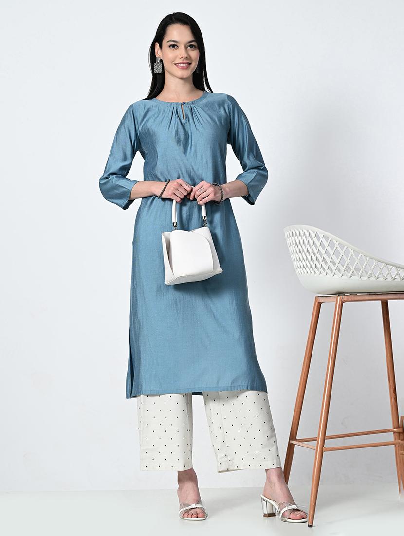 women blue three quarter sleeve a-line kurta - 21675527 - Zoom Image - 0