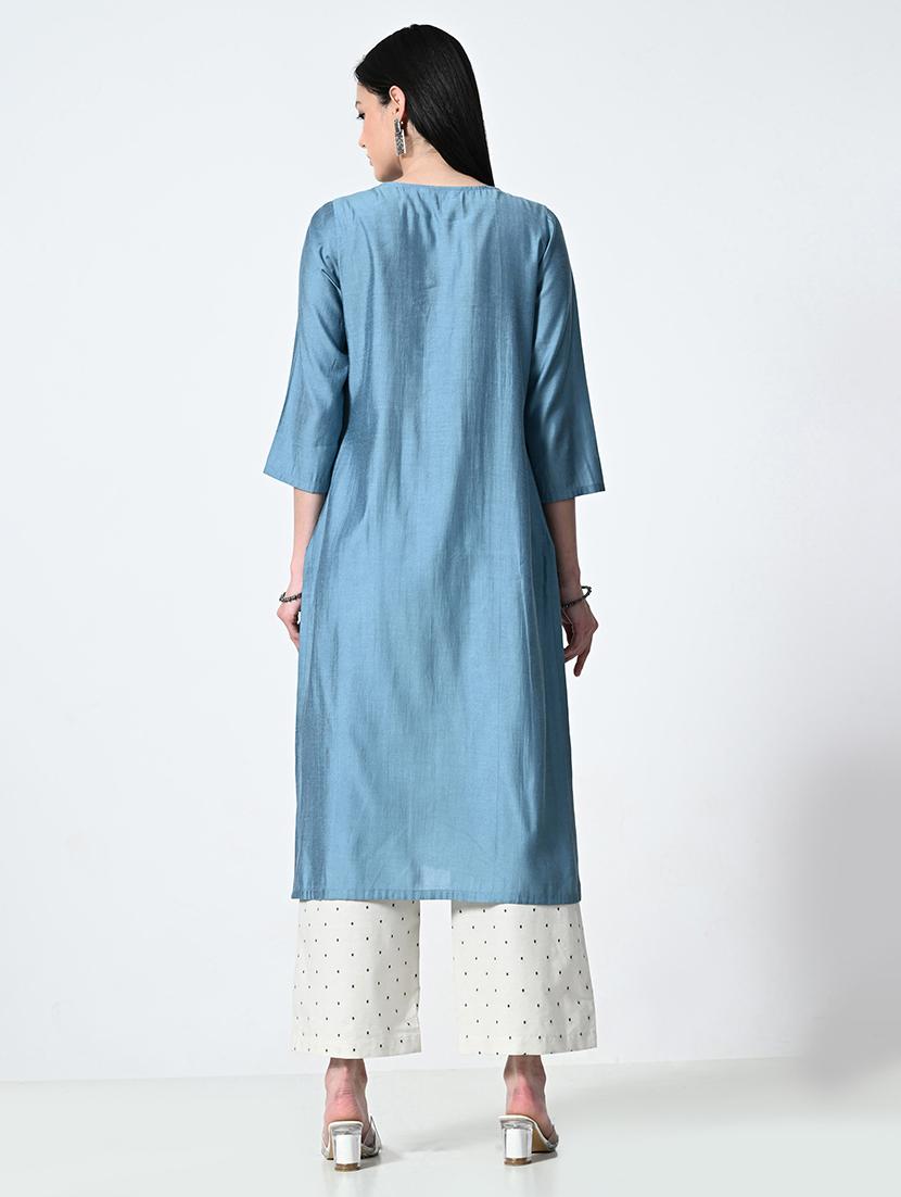 women blue three quarter sleeve a-line kurta - 21675527 - Standard Image - 3