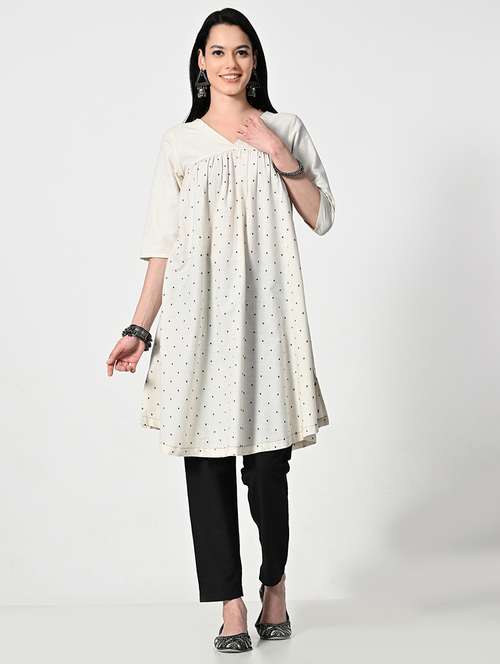 women cream elbow sleeve a-line kurta - 21675528 -  Standard Image - 0