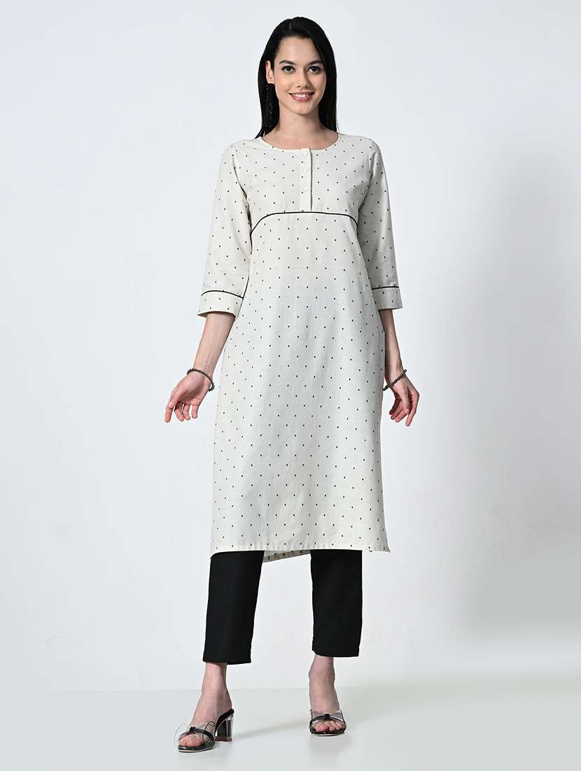 women cream three quarter sleeve a-line kurta