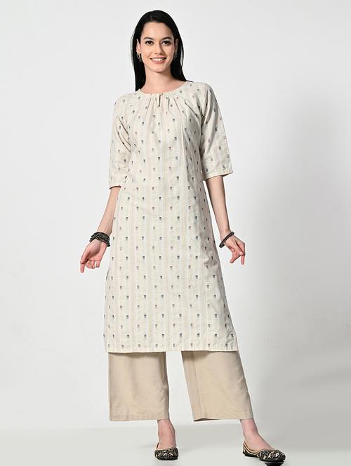 women cream self design elbow sleeve a-line kurta - 21675531 -  Standard Image - 0