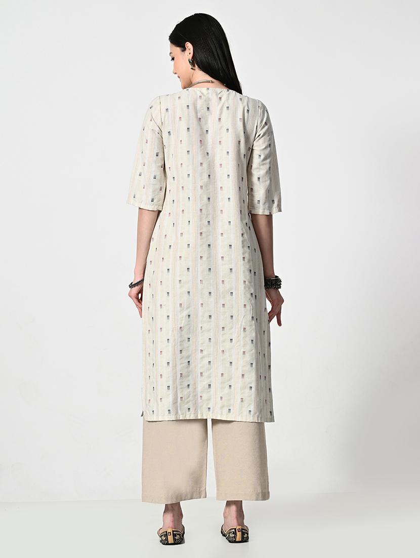 women cream self design elbow sleeve a-line kurta - 21675531 - Standard Image - 3