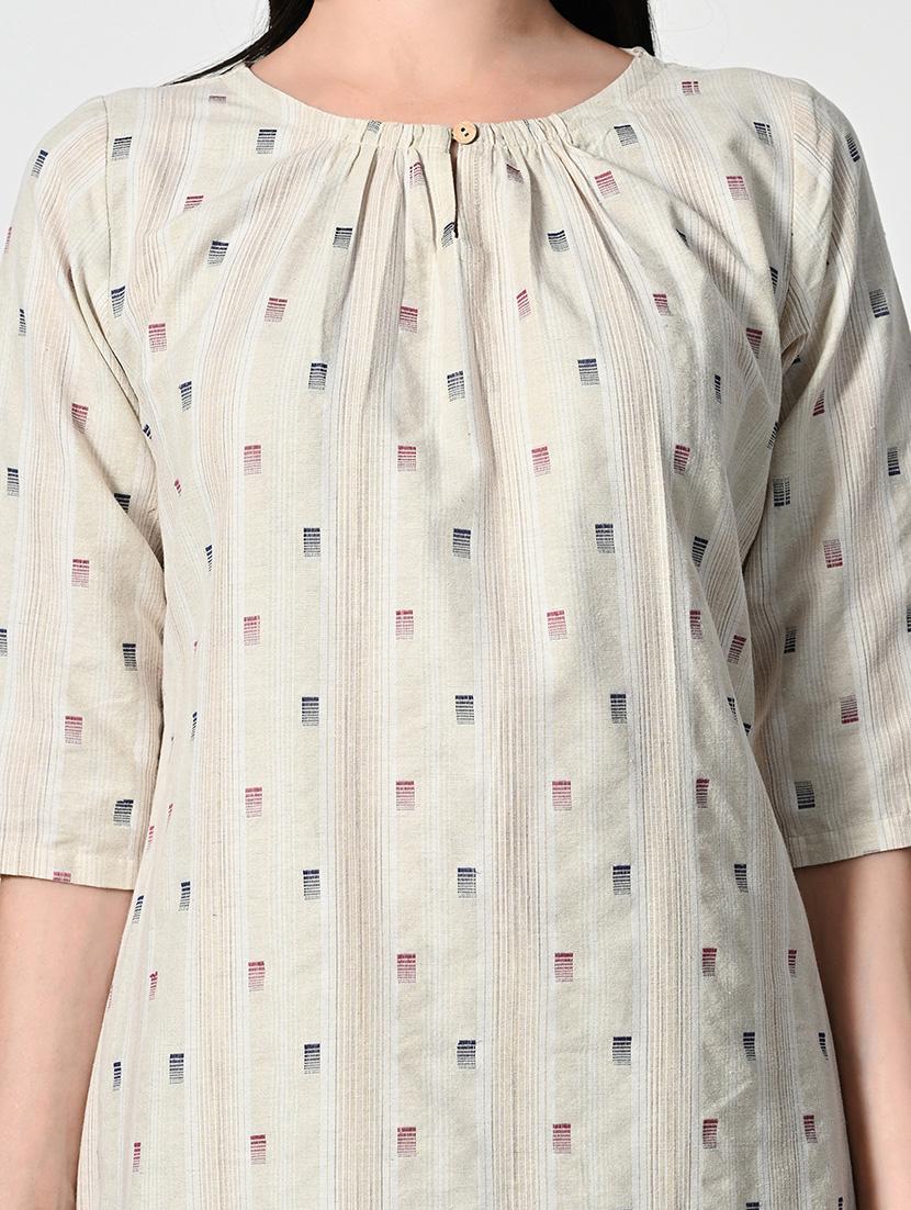 women cream self design elbow sleeve a-line kurta - 21675531 - Standard Image - 5