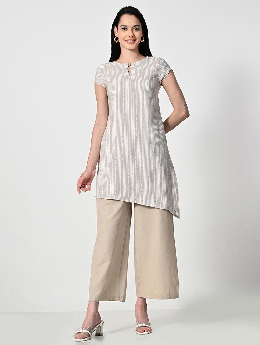 womne striped short sleeve asymmetric kurti - 21675534 - Zoom Image - 0