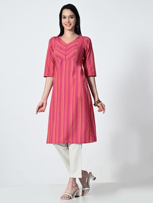 womne striped elbow sleeve straight kurta - 21675536 - Standard Image - 0