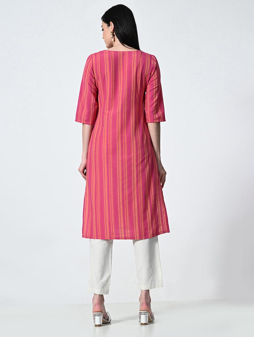womne striped elbow sleeve straight kurta - 21675536 - Standard Image - 3