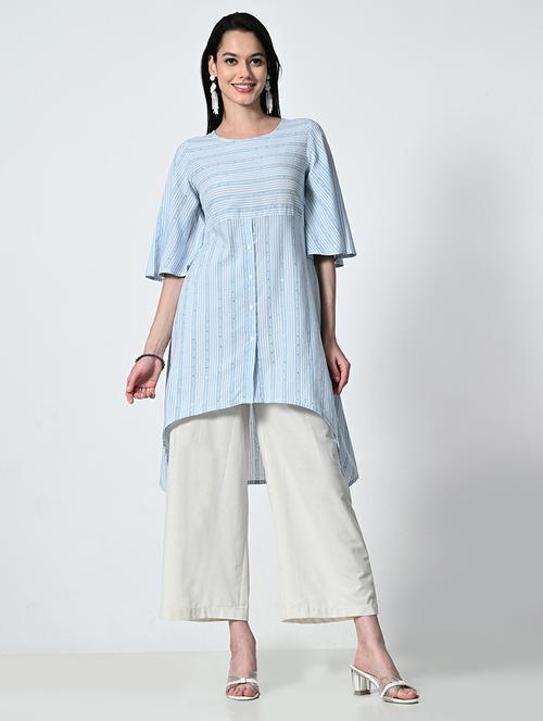 women striped elbow sleeve high low kurta - 21675539 - Standard Image - 0