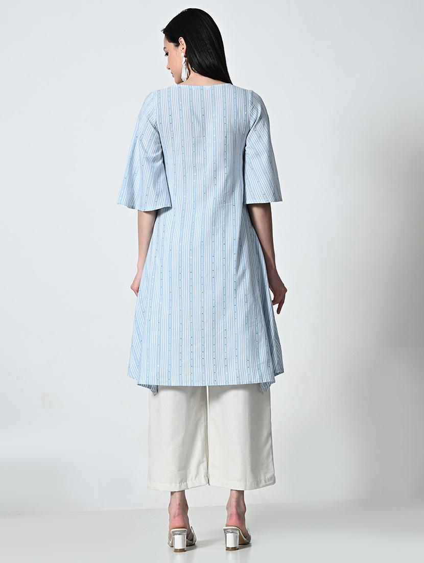 women striped elbow sleeve high low kurta - 21675539 - Standard Image - 3