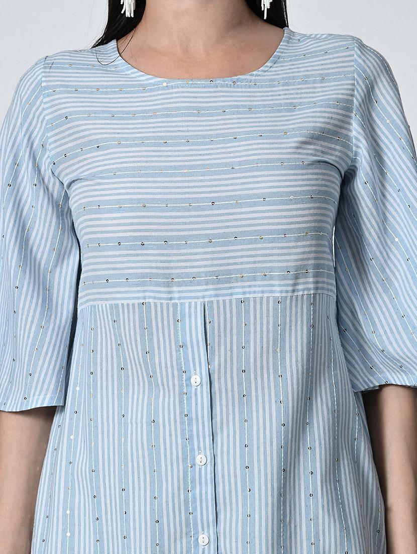 women striped elbow sleeve high low kurta - 21675539 - Standard Image - 5