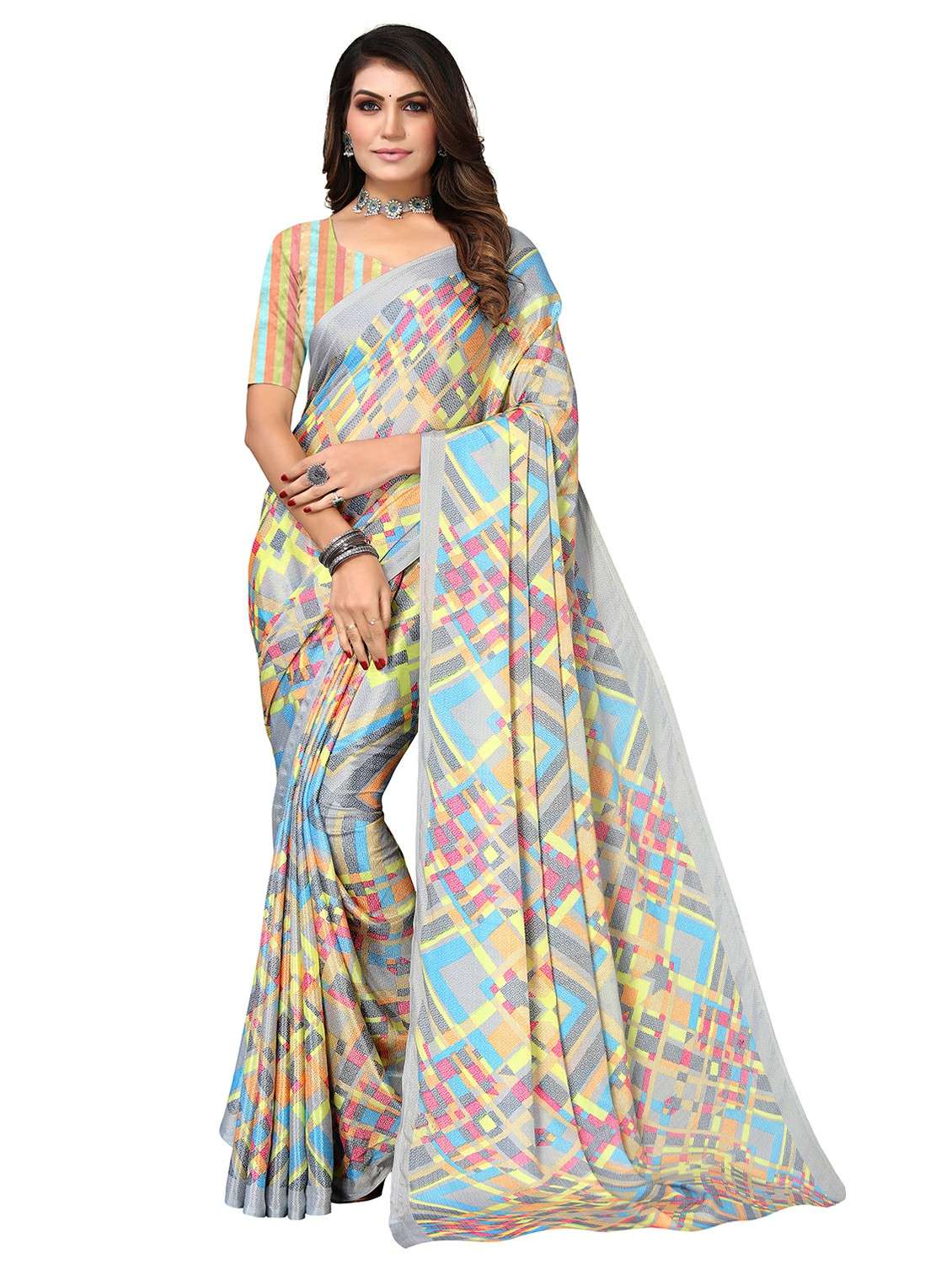 women grey printed saree with blouse - 21676096 - Zoom Image - 0