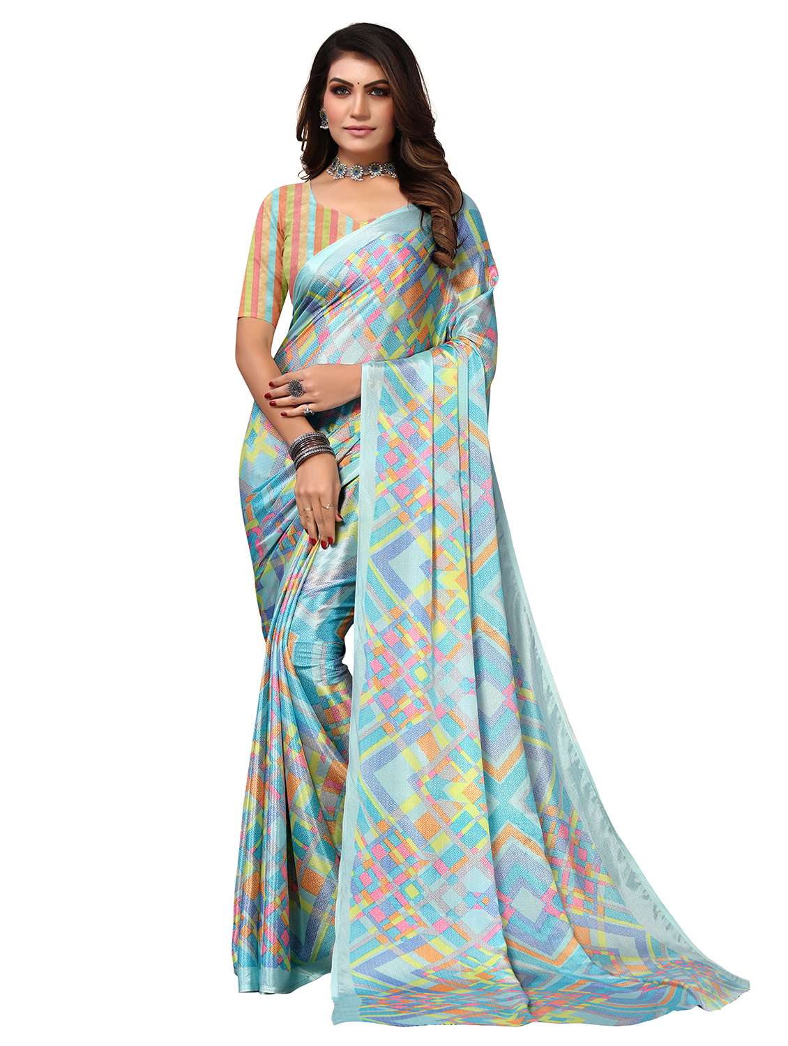 women blue printed saree with blouse