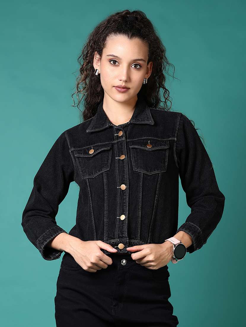 women solid collared denim jacket