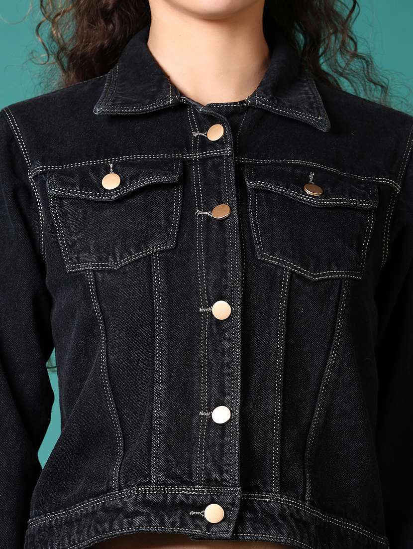 women solid collared denim jacket - 21676145 -  Standard Image - 5