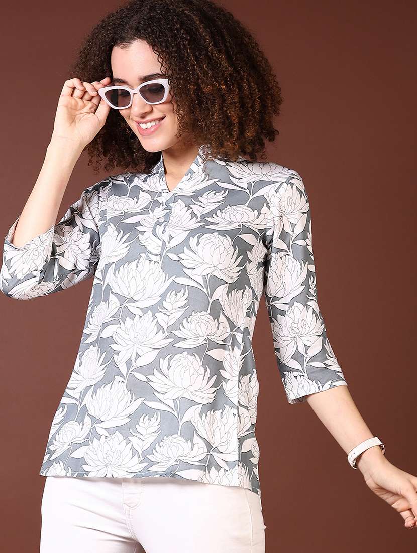 women floral printed three quarter sleeve straight top - 21676159 -  Standard Image - 3