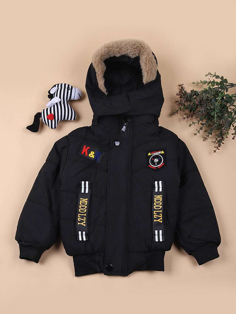 boys solid long sleeve hooded quilted jacket