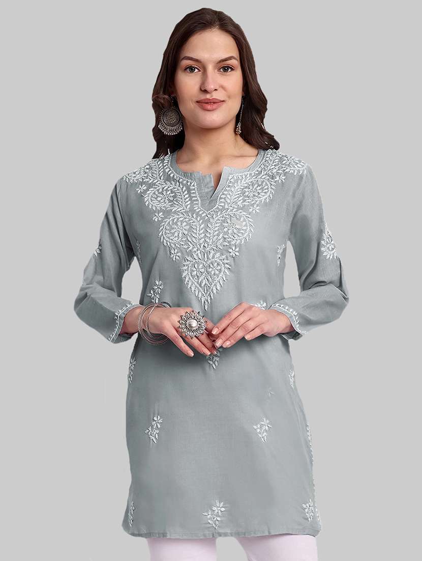 women chikankari long sleeve straight kurti