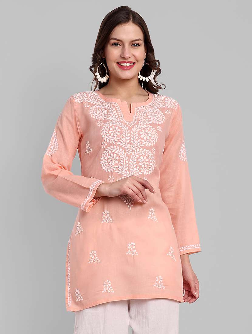 women chikankari long sleeve straight kurti