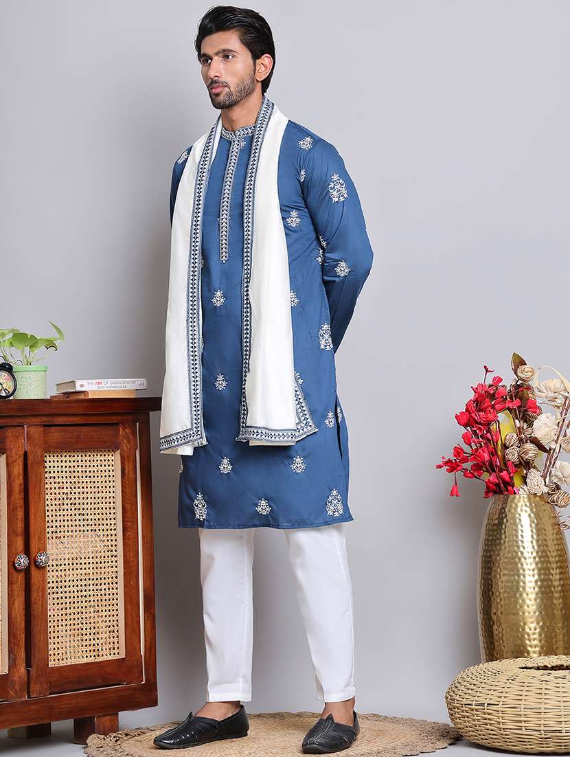 men embroidered & sequin kurta pyjama with dupatta