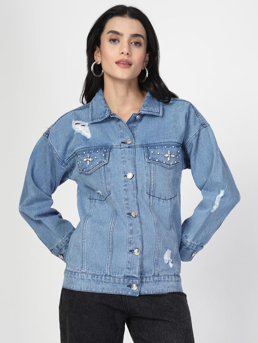 women distressed long sleeves denim jacket - 21677518 - Zoom Image - 0