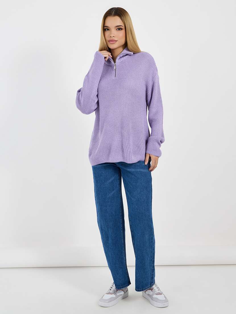 women solid stand collar long sleeves pullover - 21677552 - Standard Image - 3