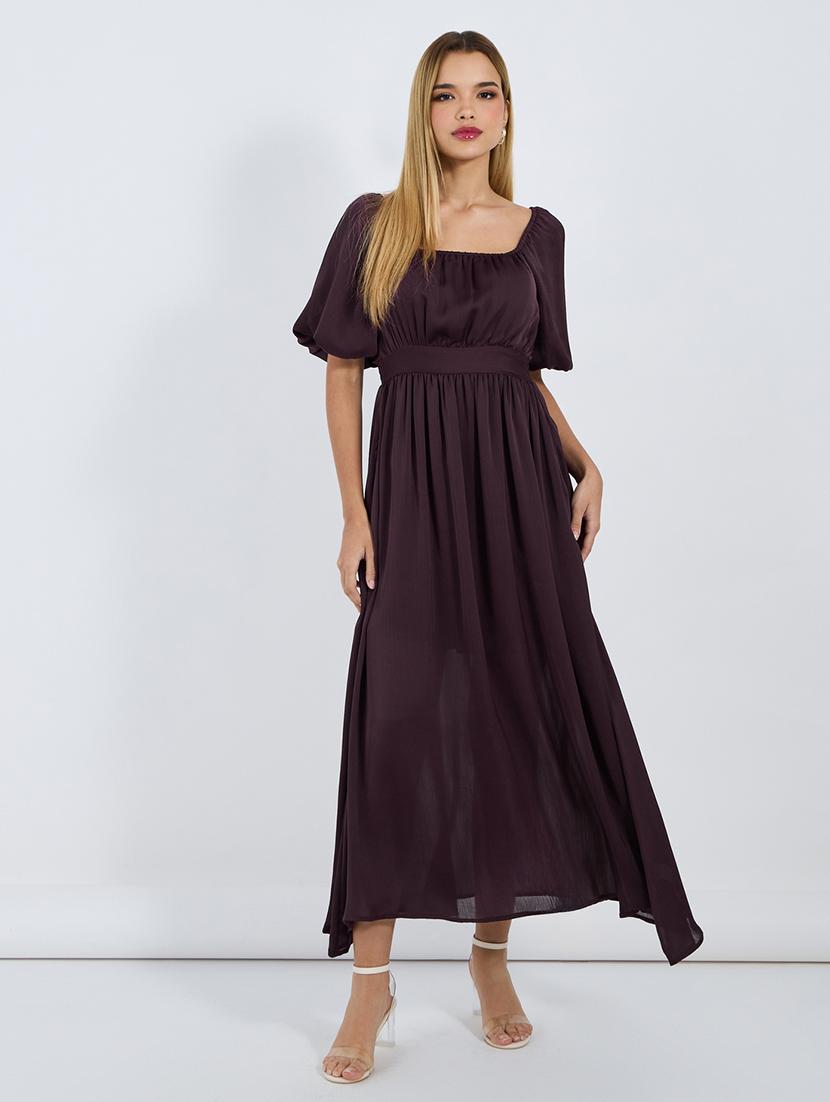 women solid puff sleeves dress with pocket - 21677559 -  Zoom Image - 0