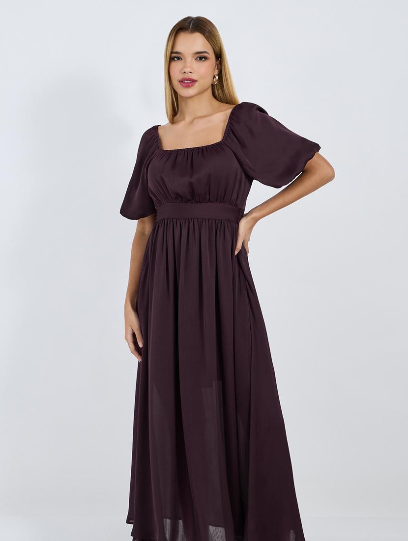 women solid puff sleeves dress with pocket - 21677559 - Standard Image - 3