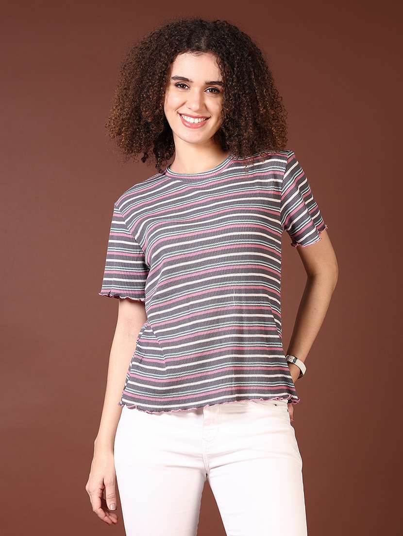 women grey stripes short sleeve t-shirt - 21677673 - Zoom Image - 0