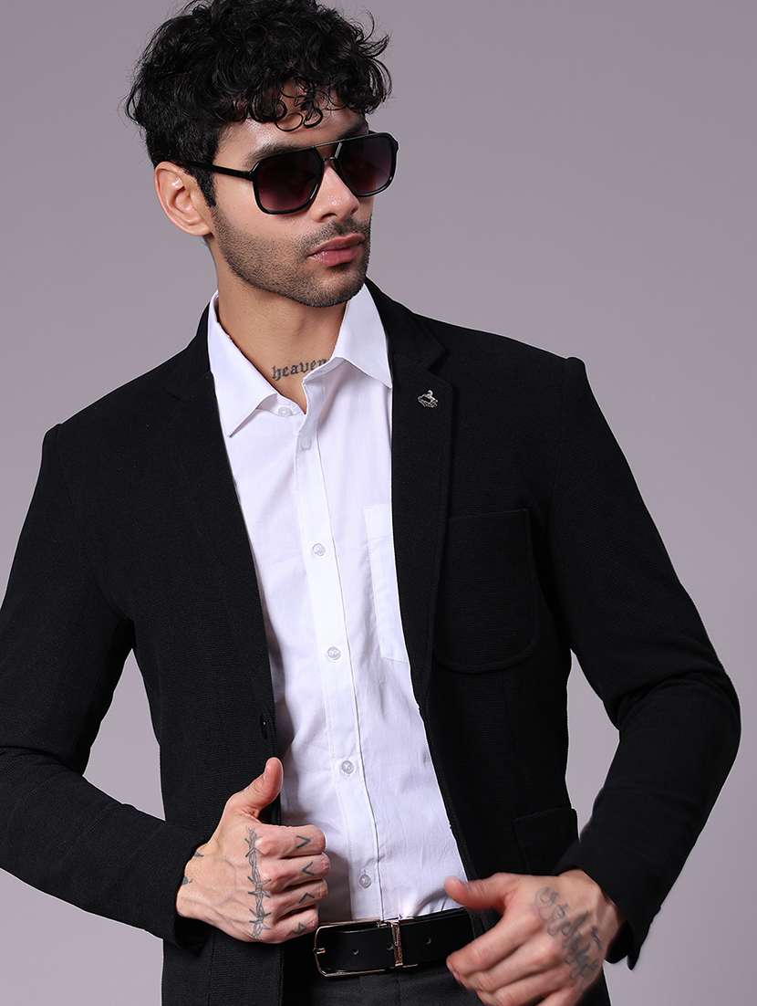 men solid lapel collar single breasted casual blazer