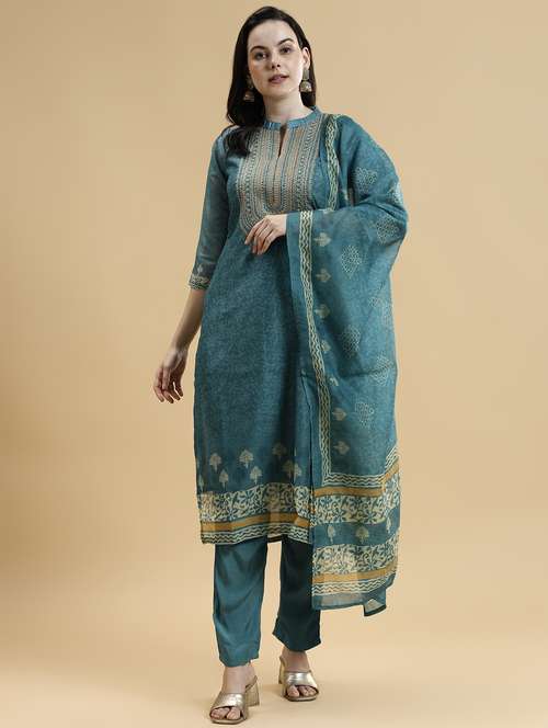 women three quarter sleeve kurta pant with dupatta set - 21678162 - Standard Image - 0