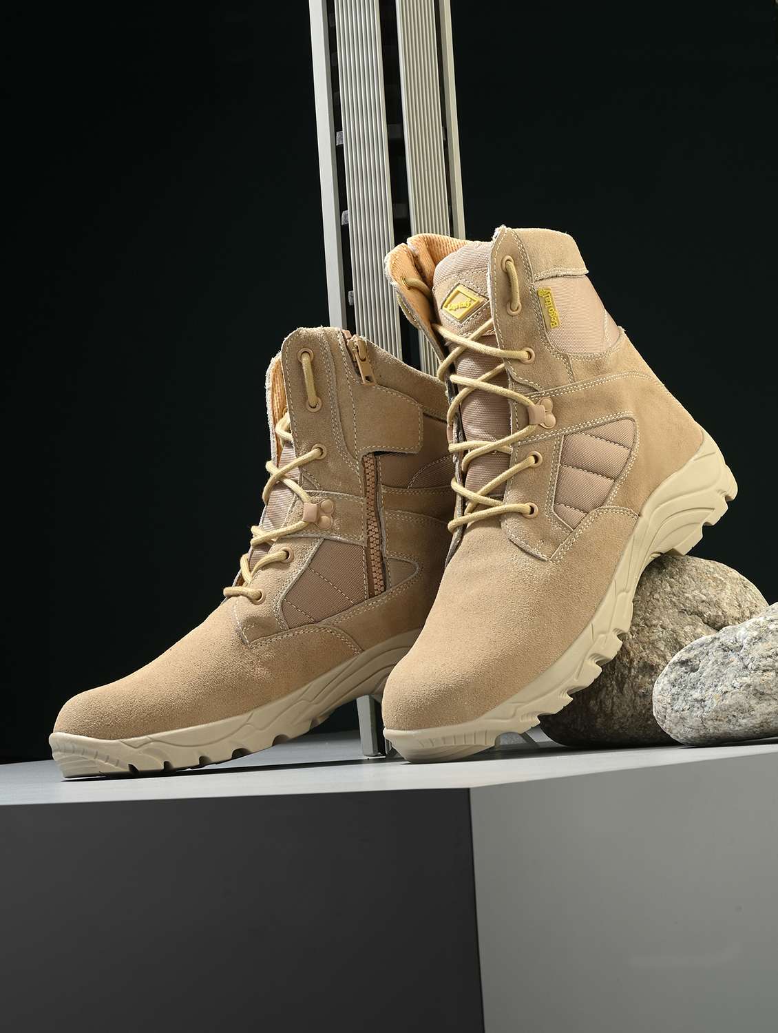 men beige hiking lace up boots