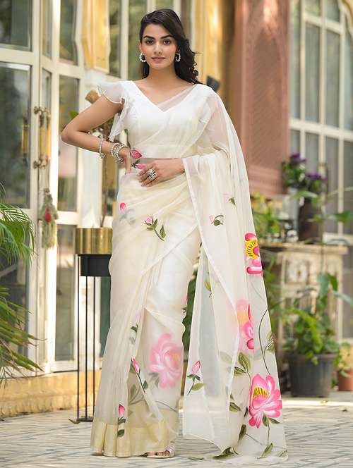 womne floral cream printed saree - 21678415 -  Standard Image - 0