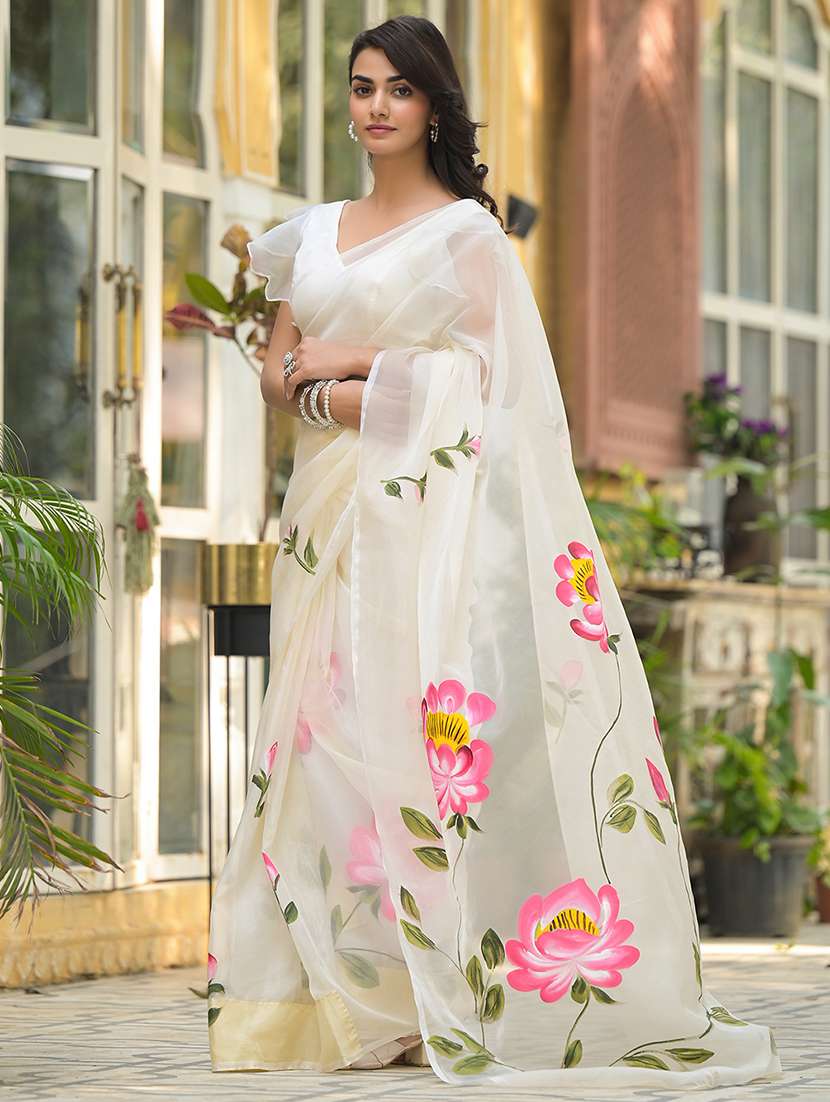 womne floral cream printed saree - 21678415 -  Standard Image - 3