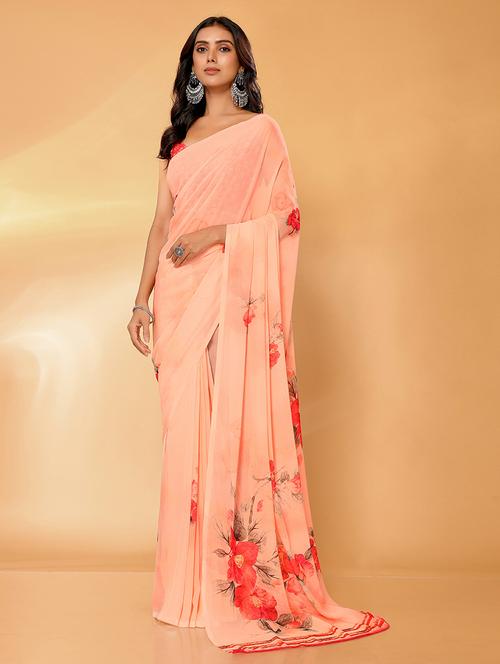 women peach printed saree with blouse - 21678845 - Standard Image - 0