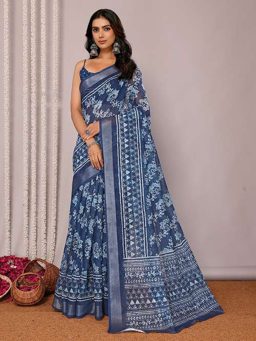 women navy blue printed saree with blouse - 21678849 -  Standard Image - 0