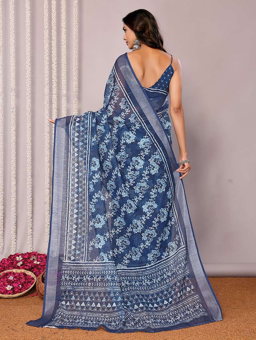 women navy blue printed saree with blouse - 21678849 -  Standard Image - 3