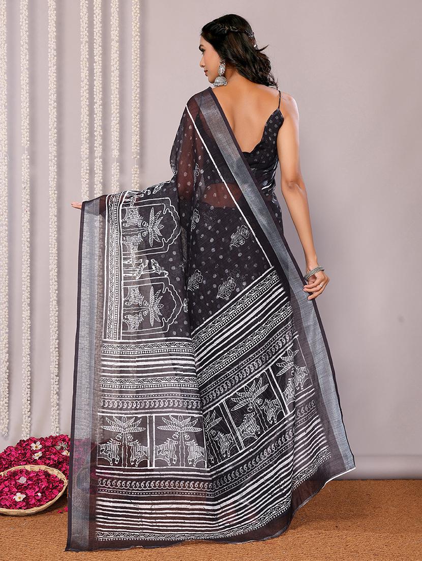 women black printed saree with blouse - 21678859 - Standard Image - 3