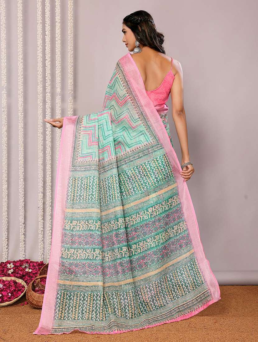 women sea green printed saree with blouse - 21678875 -  Standard Image - 3