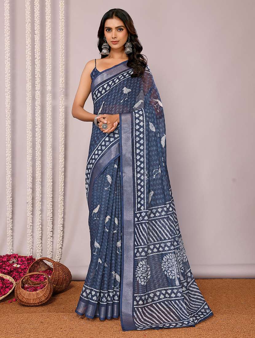 women navy blue printed saree with blouse