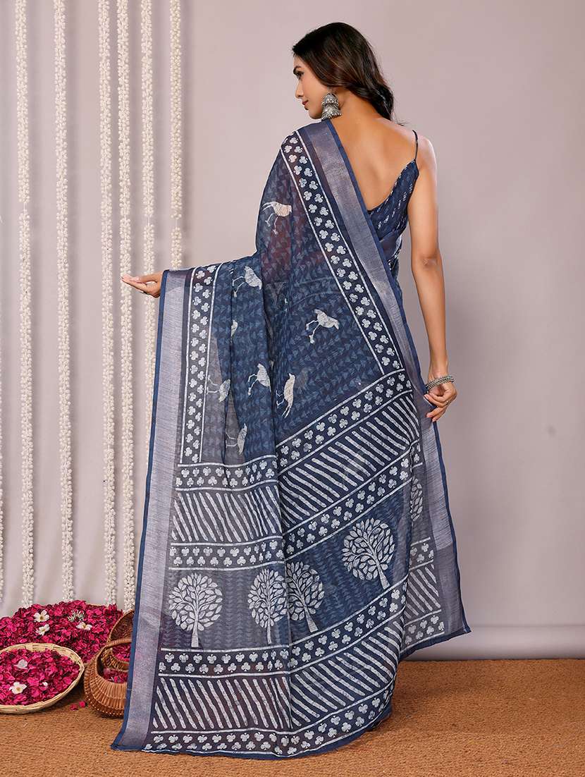 women navy blue printed saree with blouse - 21678876 -  Standard Image - 3