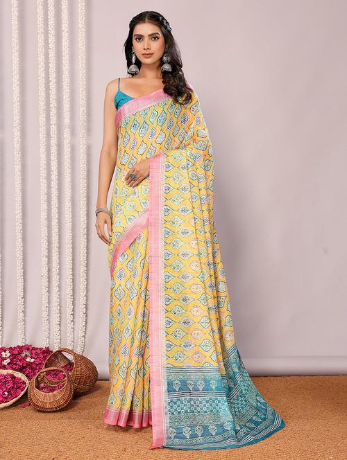women yellow printed saree with blouse - 21678880 - Standard Image - 0