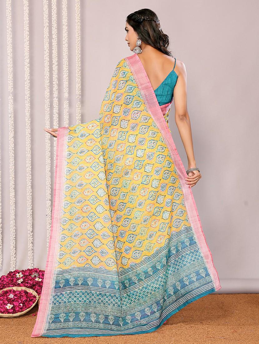 women yellow printed saree with blouse - 21678880 - Standard Image - 3