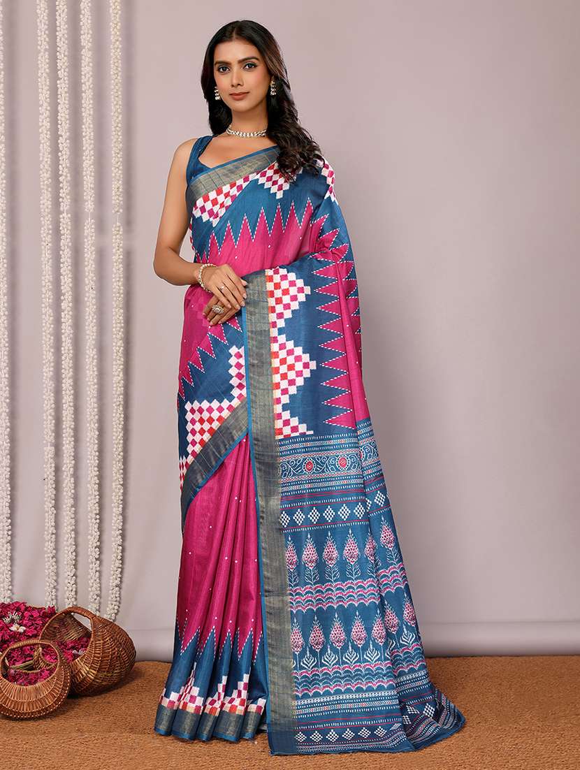 women pink printed saree with blouse